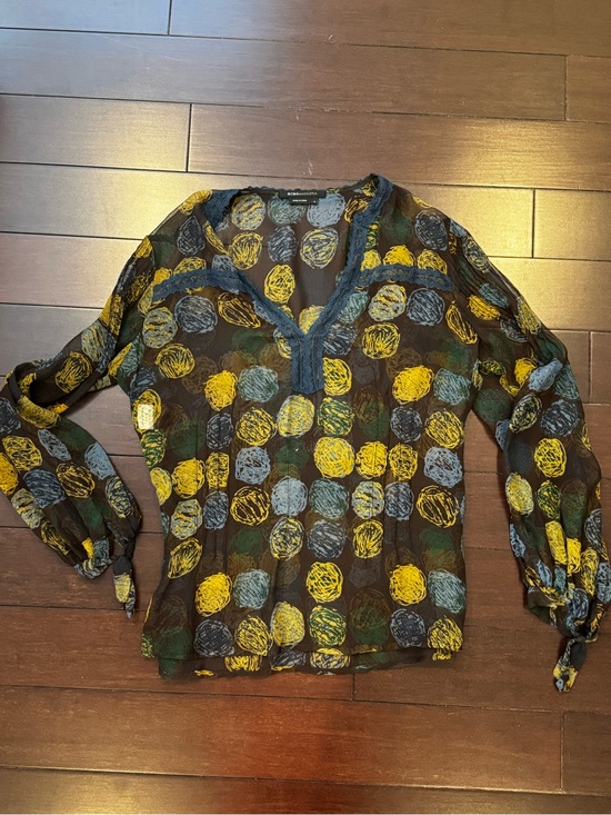 BCBGMaxAzria Tops - BCBGMaxAzria Black Sheer Blouse with Yellow, Blue, and Green Dot Print